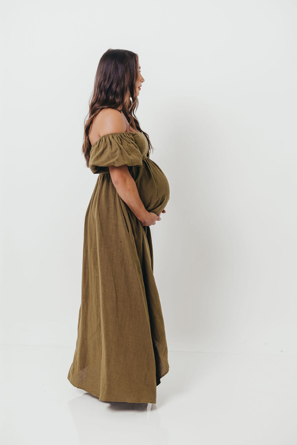 Candace Woven Linen Maxi Dress in Dark Olive - Bump Friendly
