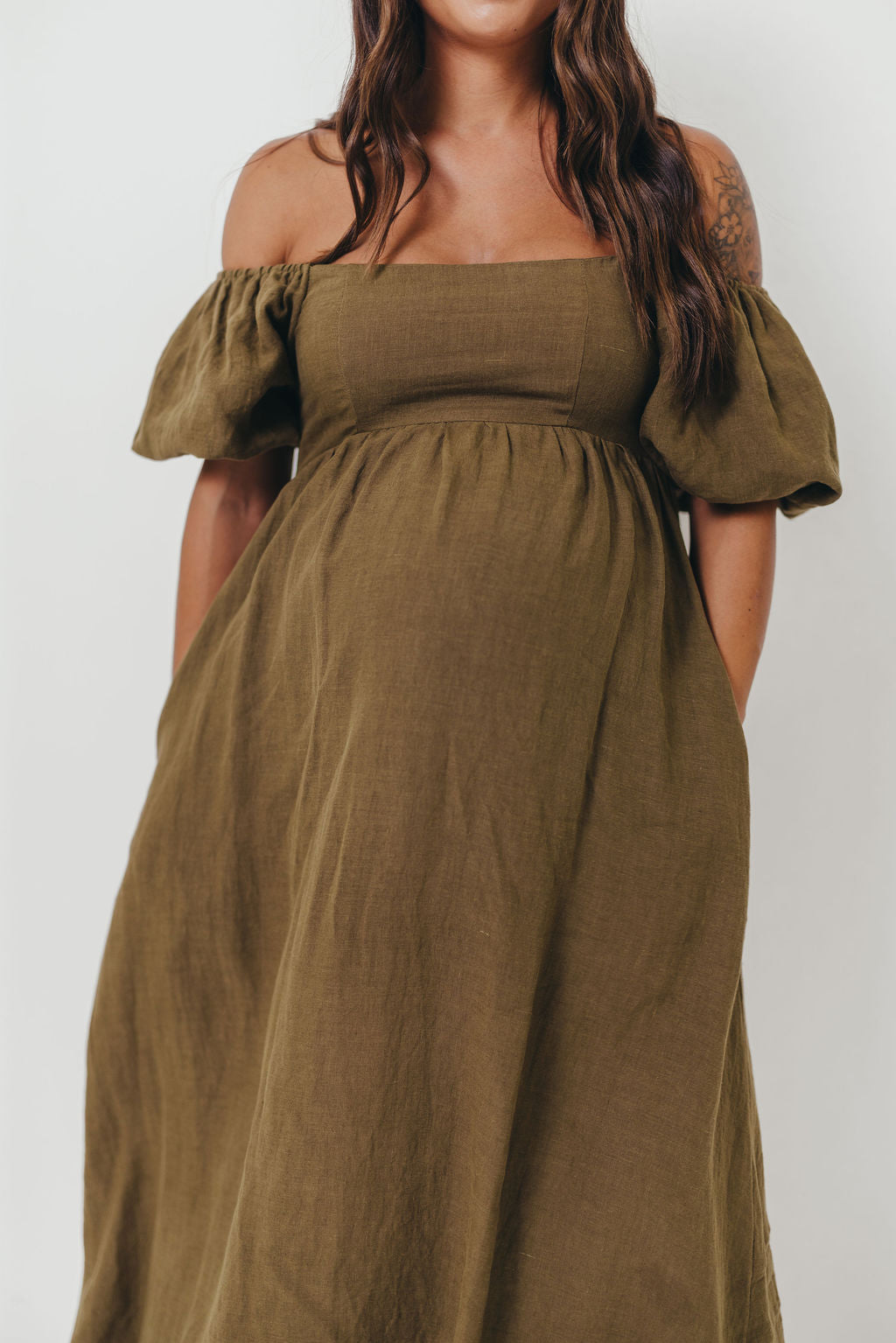 Candace Woven Linen Maxi Dress in Dark Olive - Bump Friendly