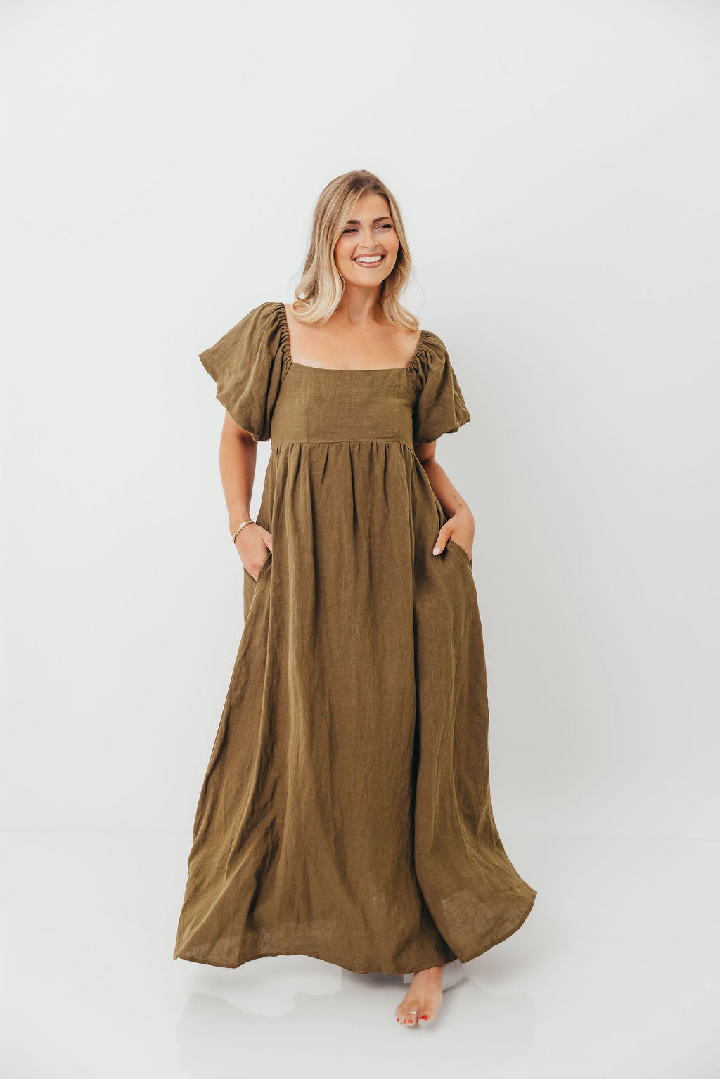 Candace Woven Linen Maxi Dress in Dark Olive - Bump Friendly