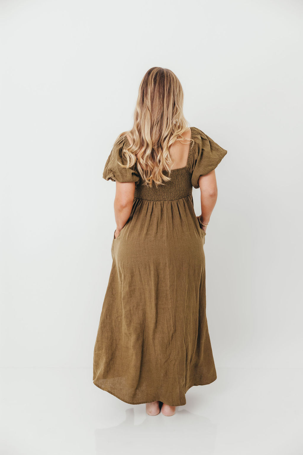 Candace Woven Linen Maxi Dress in Dark Olive - Bump Friendly
