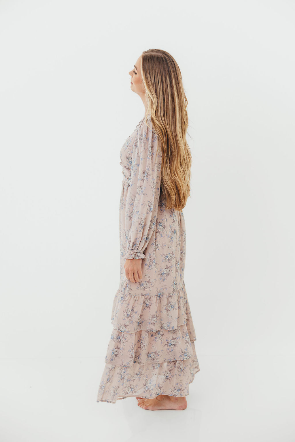 Shenae Ruffled Tiered Floral Maxi Dress in Dusty Pink
