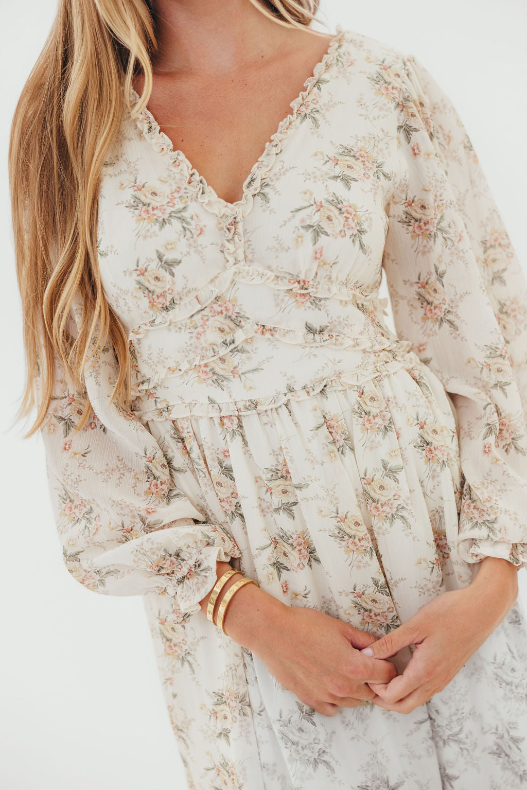 Shenae Ruffled Tiered Floral Maxi Dress in Vintage Cream