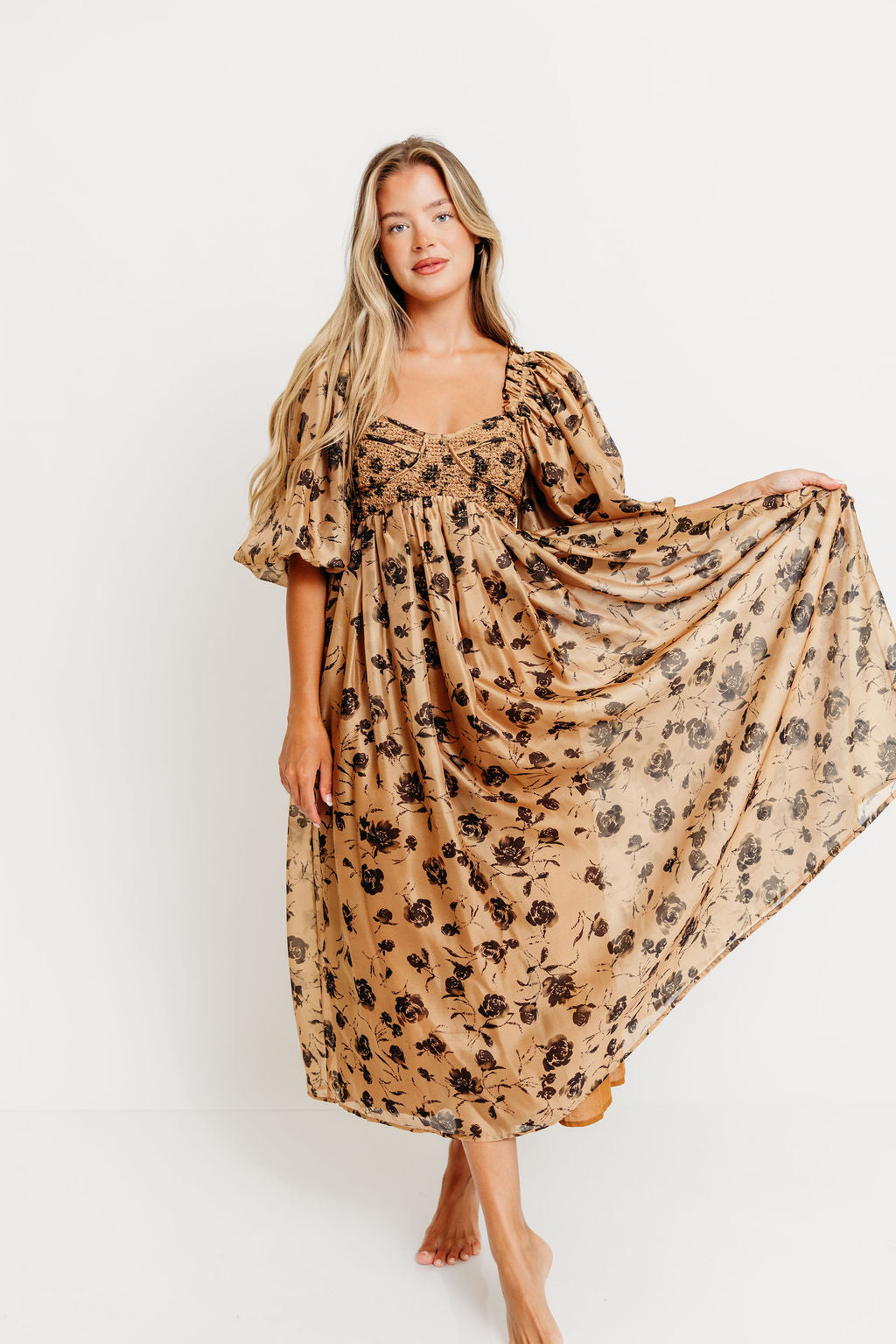 Harlow Camel & Black Floral Maxi Dress with Stretchy Neckline - Bump Friendly
