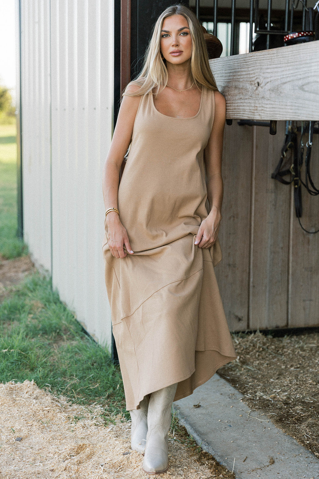 Taryn 100% Cotton Open Back Knit Maxi Dress in Camel