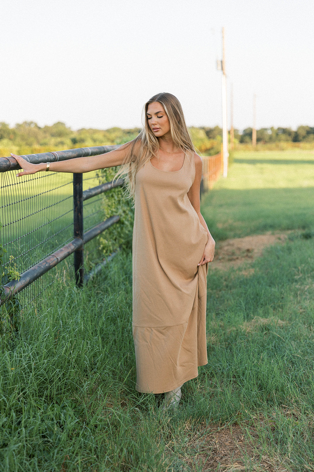 Taryn 100% Cotton Open Back Knit Maxi Dress in Camel