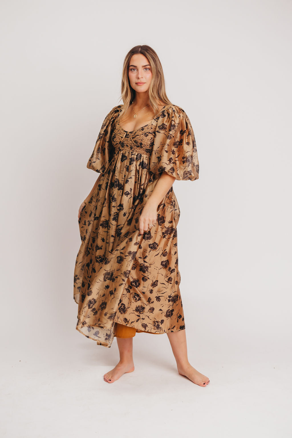 Harlow Camel & Black Floral Maxi Dress with Stretchy Neckline - Bump Friendly