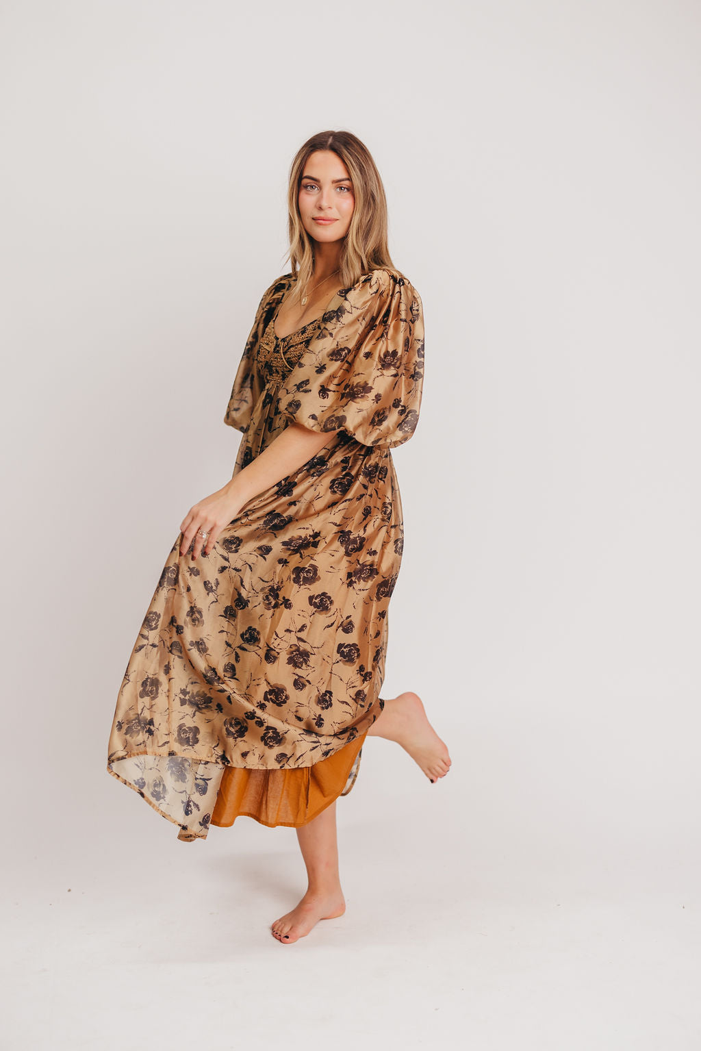 Harlow Camel & Black Floral Maxi Dress with Stretchy Neckline - Bump Friendly
