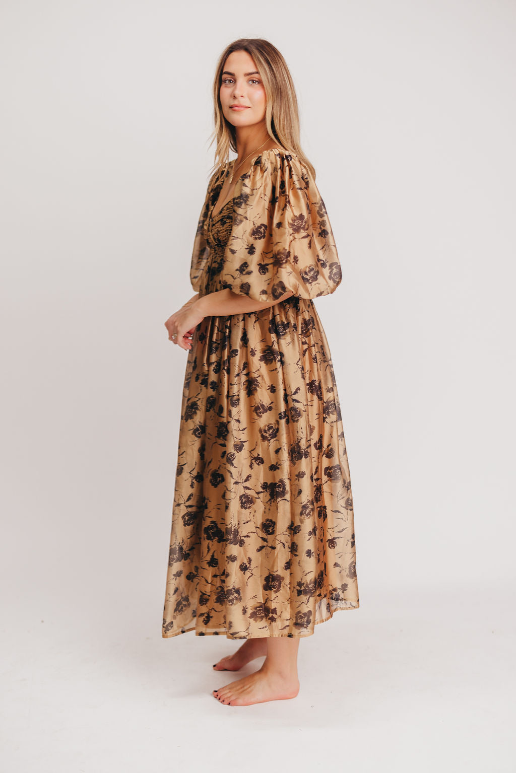 Harlow Camel & Black Floral Maxi Dress with Stretchy Neckline - Bump Friendly