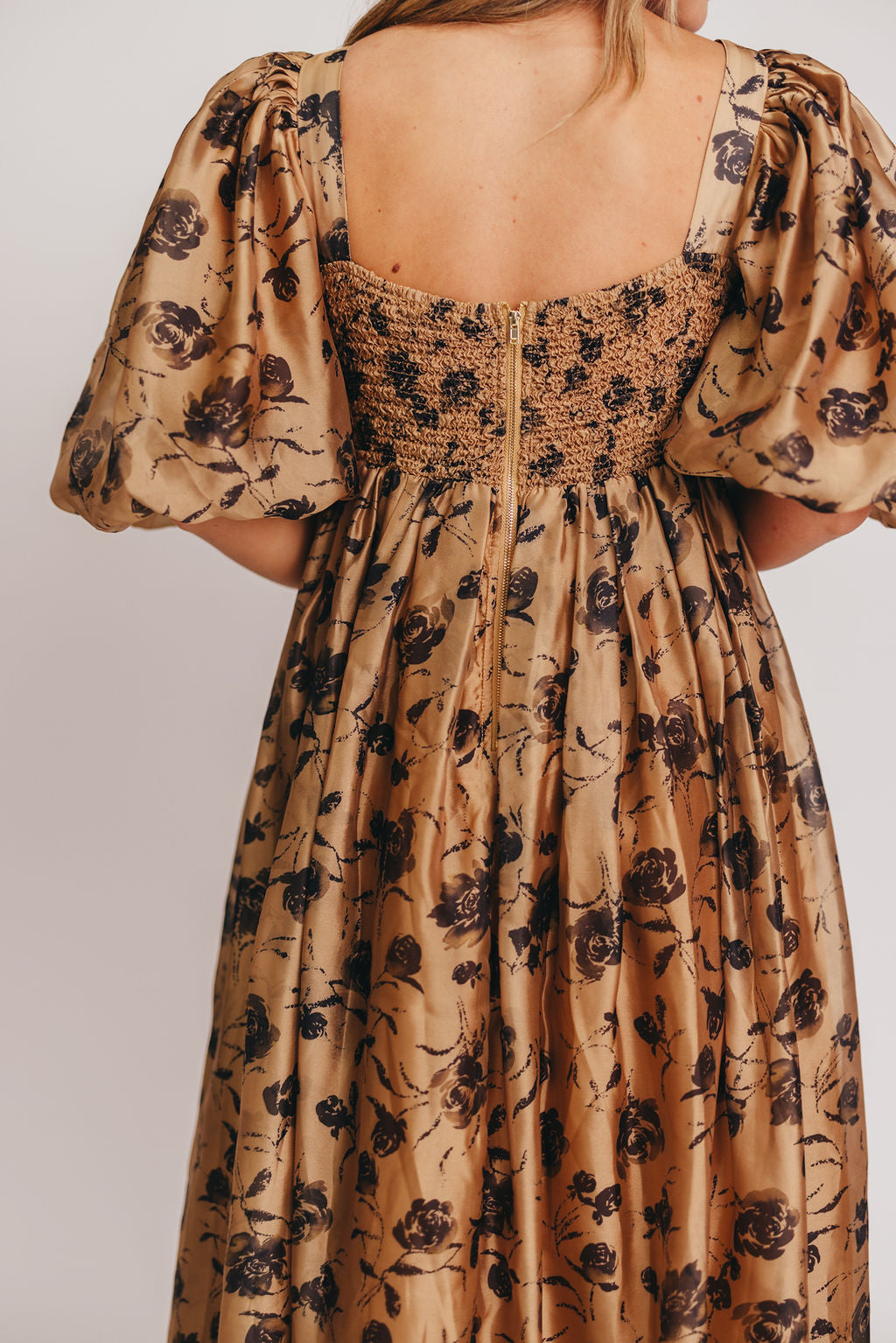 Harlow Camel & Black Floral Maxi Dress with Stretchy Neckline - Bump Friendly