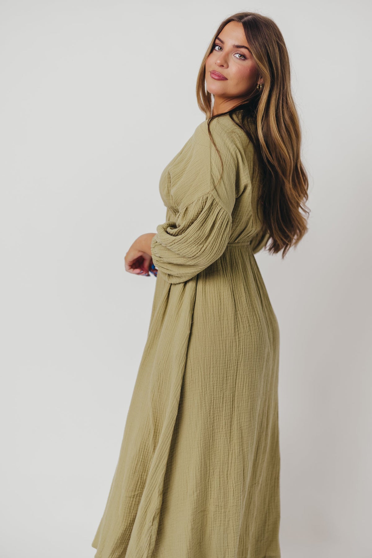 Hunter 100% Cotton Gauze Midi Dress in Thyme - Bump Friendly and Inclusive Sizing *9/22 PRE-ORDER*
