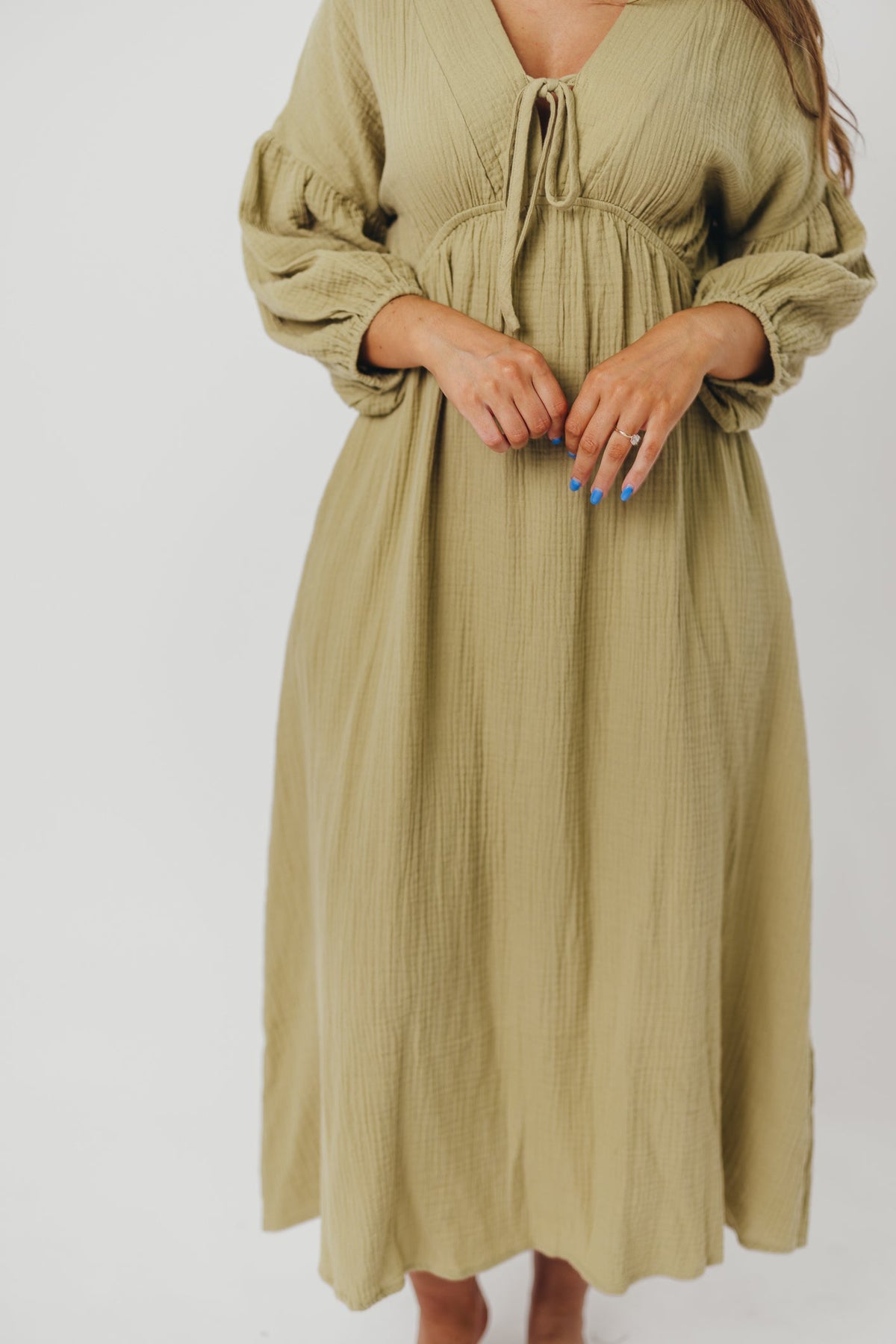 Hunter 100% Cotton Gauze Midi Dress in Thyme - Bump Friendly and Inclusive Sizing *9/22 PRE-ORDER*