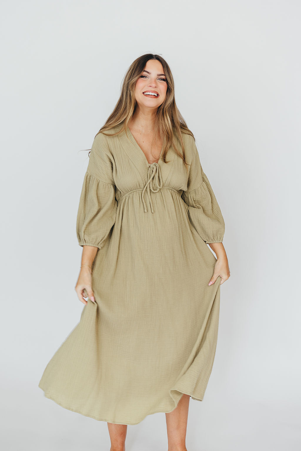 Hunter 100% Cotton Gauze Midi Dress in Thyme - Bump Friendly and Inclusive Sizing *9/22 PRE-ORDER*