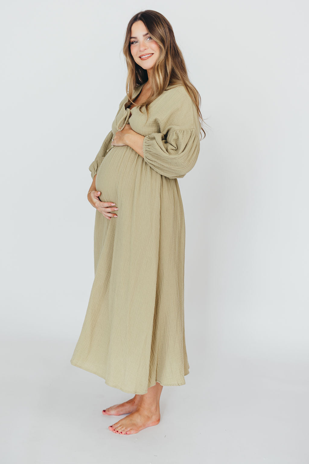 Hunter 100% Cotton Gauze Midi Dress in Thyme - Bump Friendly and Inclusive Sizing *9/22 PRE-ORDER*