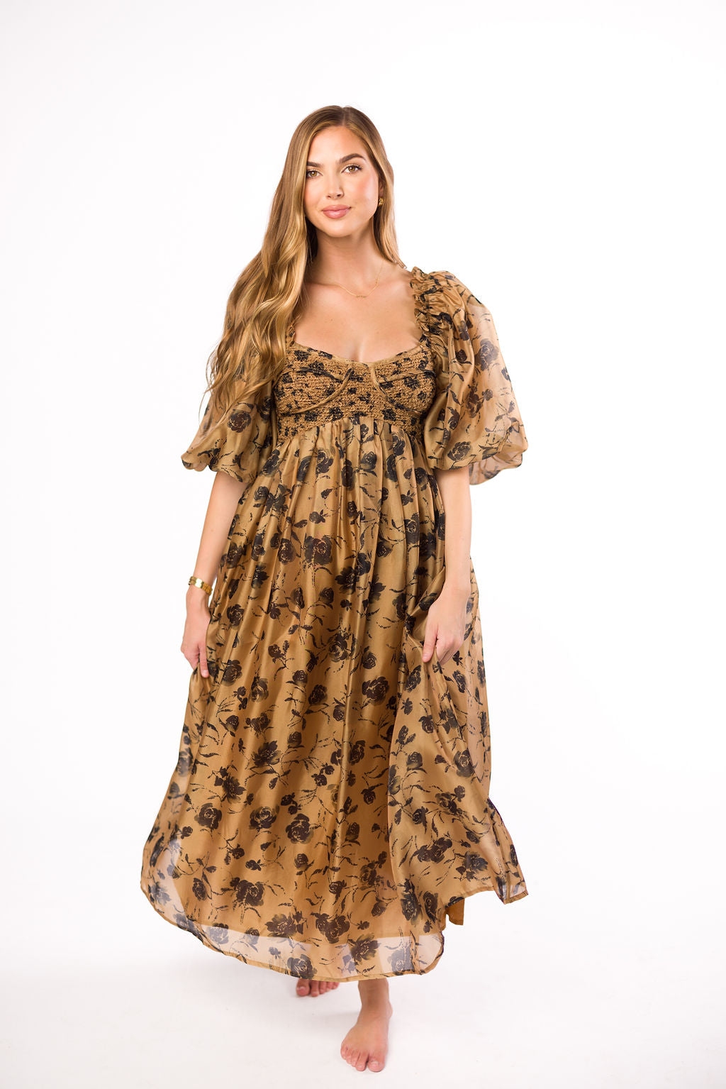 Harlow Camel & Black Floral Maxi Dress with Stretchy Neckline - Bump Friendly