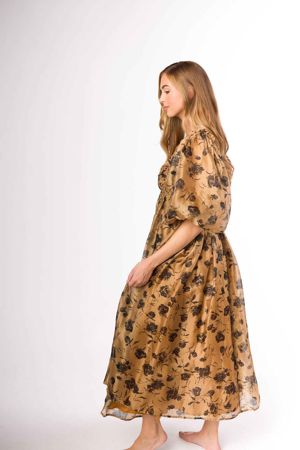 Harlow Camel & Black Floral Maxi Dress with Stretchy Neckline - Bump Friendly