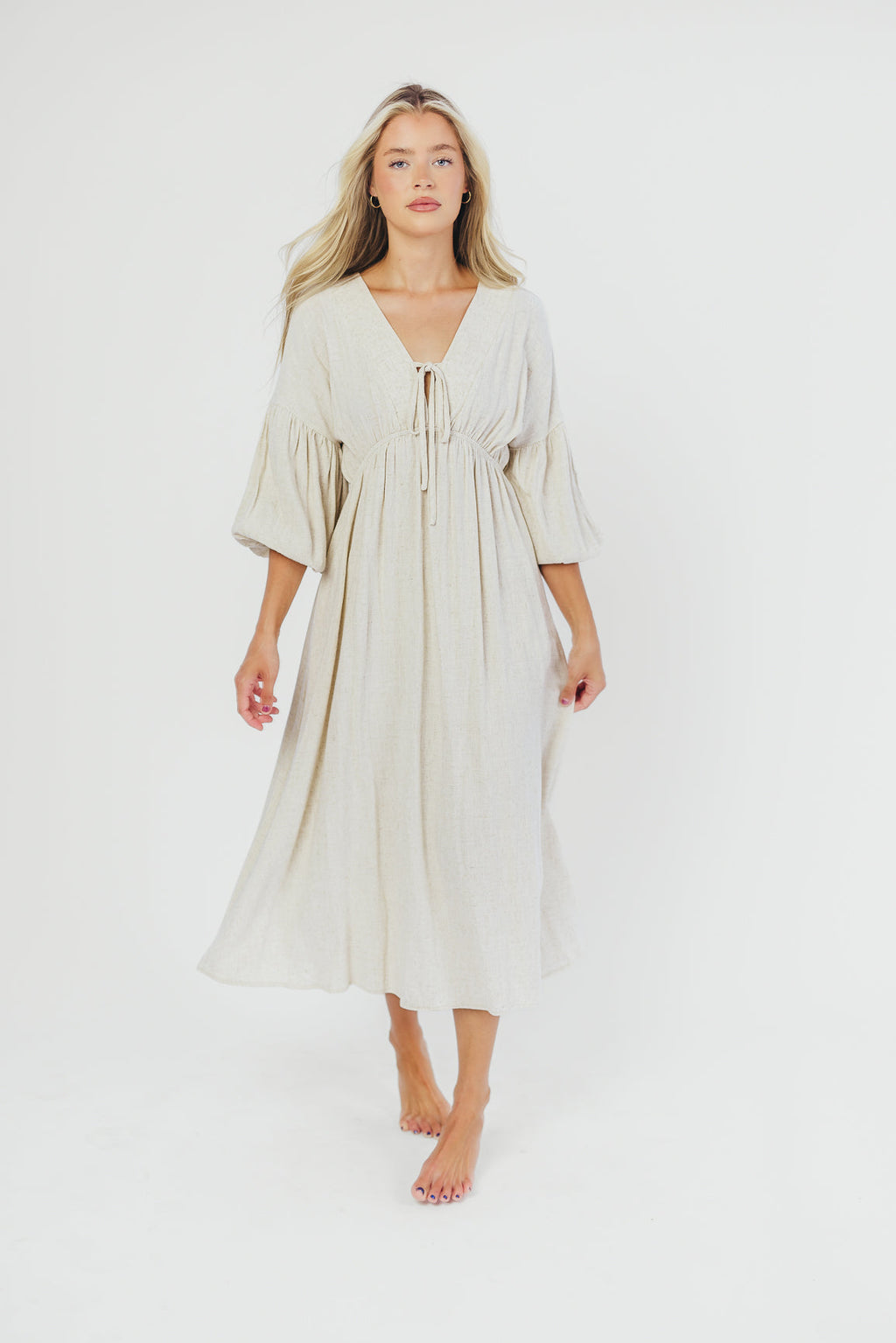 Hunter Linen-Blend Midi Dress in Greige - Bump Friendly *9/22 PRE-ORDER*