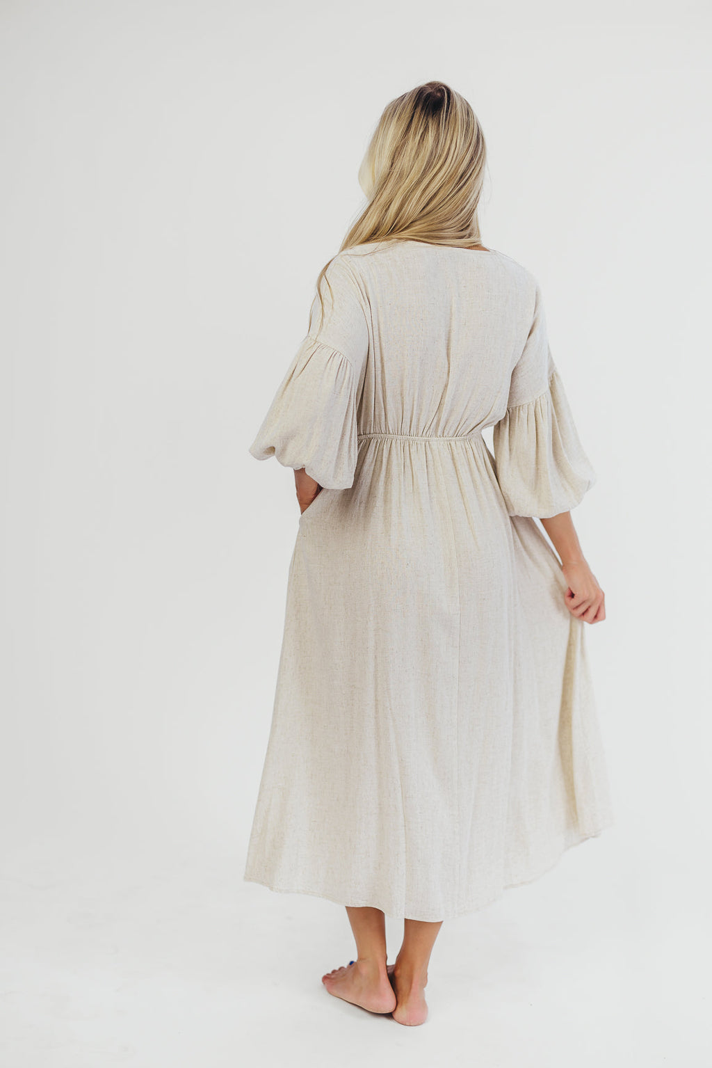 Hunter Linen-Blend Midi Dress in Greige - Bump Friendly *9/22 PRE-ORDER*