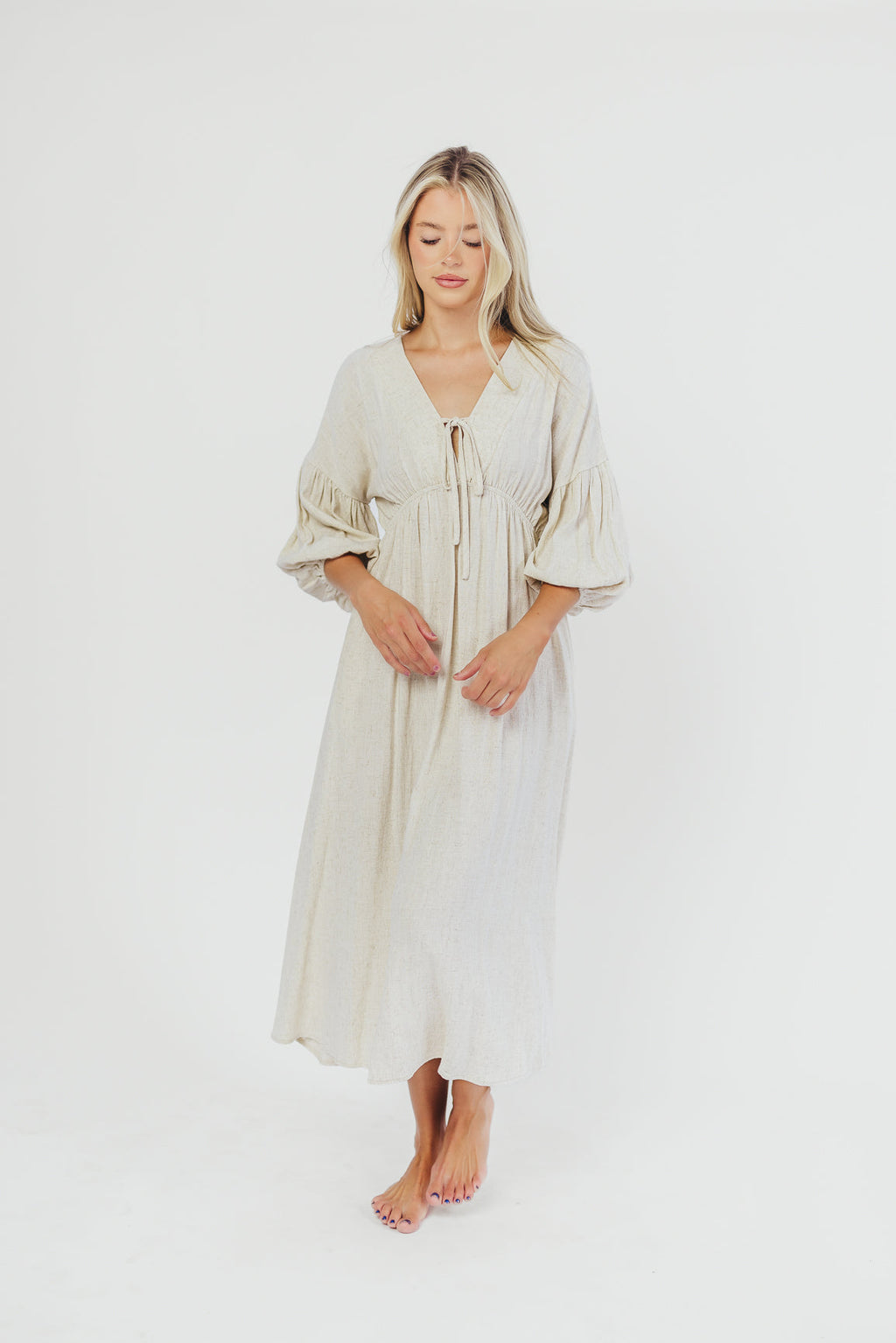 Hunter Linen-Blend Midi Dress in Greige - Bump Friendly *9/22 PRE-ORDER*