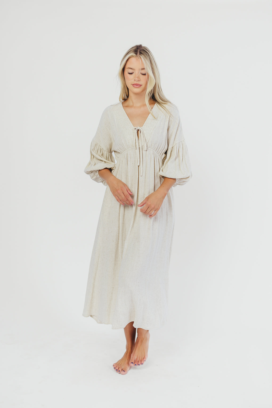Hunter Linen-Blend Midi Dress in Greige - Bump Friendly *9/22 PRE-ORDER*