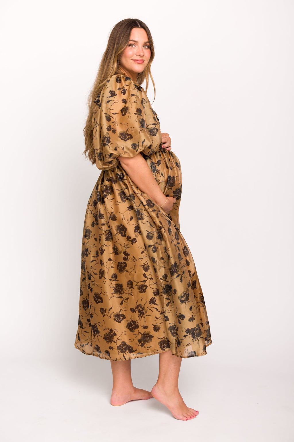 Harlow Camel & Black Floral Maxi Dress with Stretchy Neckline - Bump Friendly