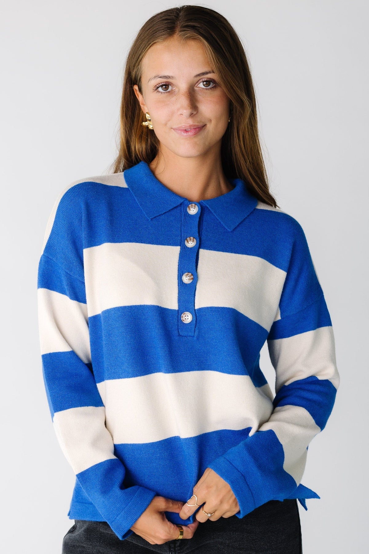 Game Day Stripe Button Pullover Sweater