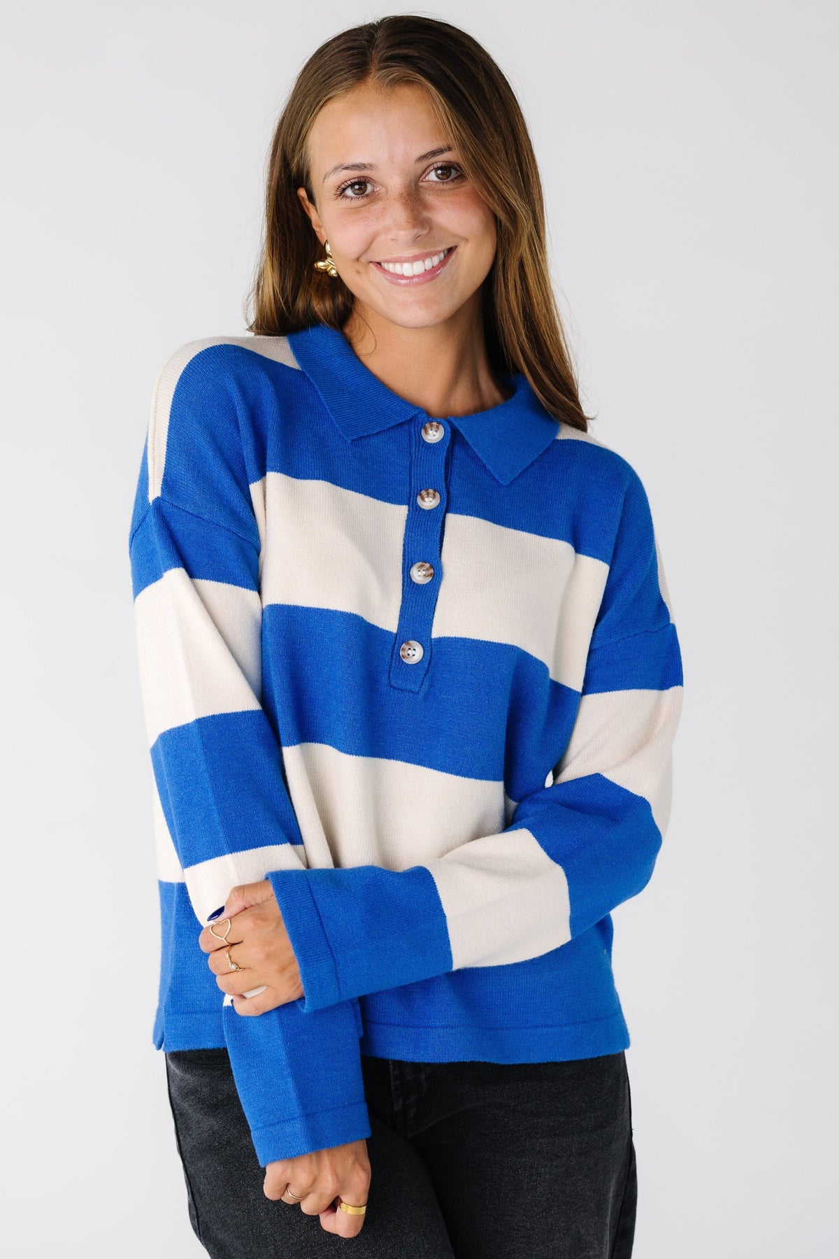 Game Day Stripe Button Pullover Sweater