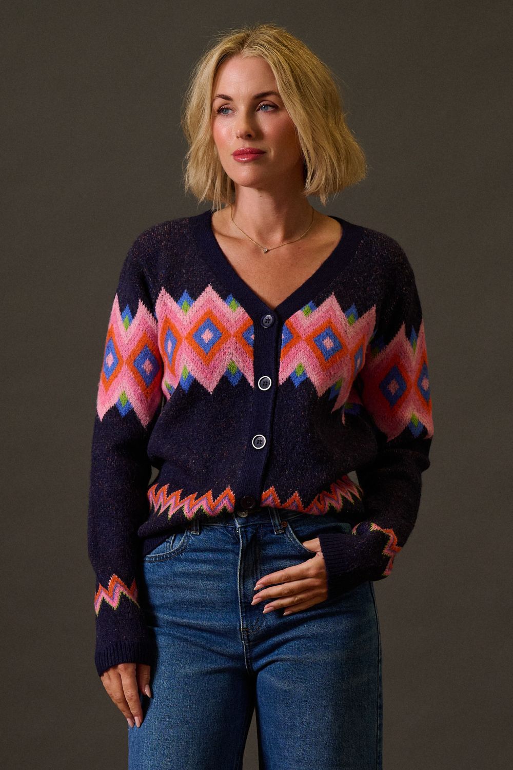 Izzy Cardigan - Navy, Diamond Fairisle