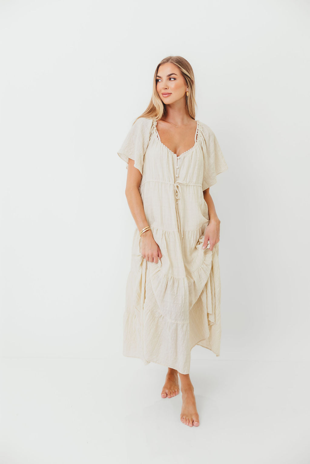 Rumi Woven Sweetheart Maxi Dress in Natural - Bump Friendly - Detachable Liner