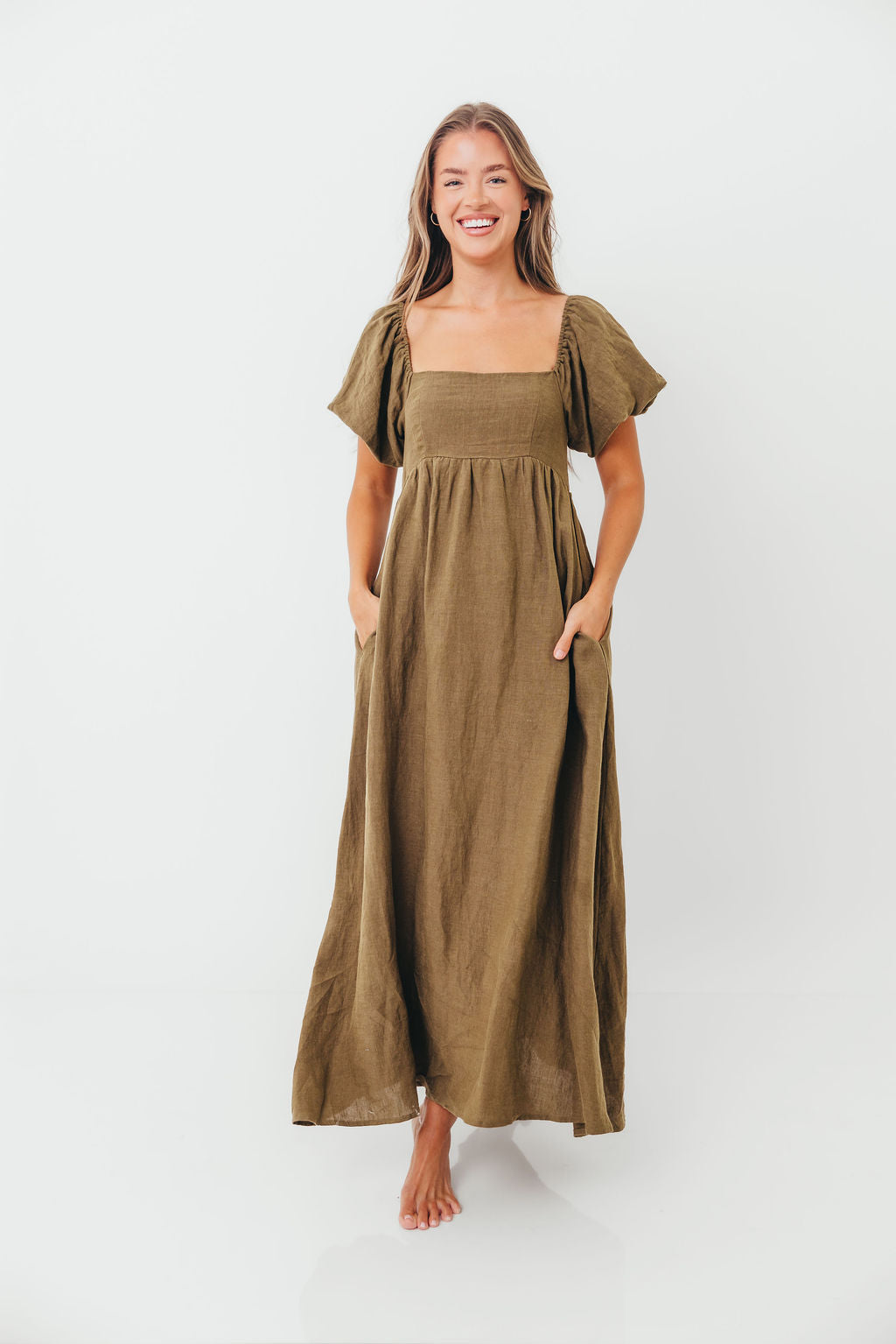 Candace Woven Linen Maxi Dress in Dark Olive - Bump Friendly
