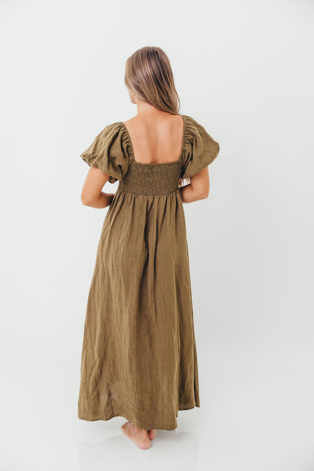 Candace Woven Linen Maxi Dress in Dark Olive - Bump Friendly