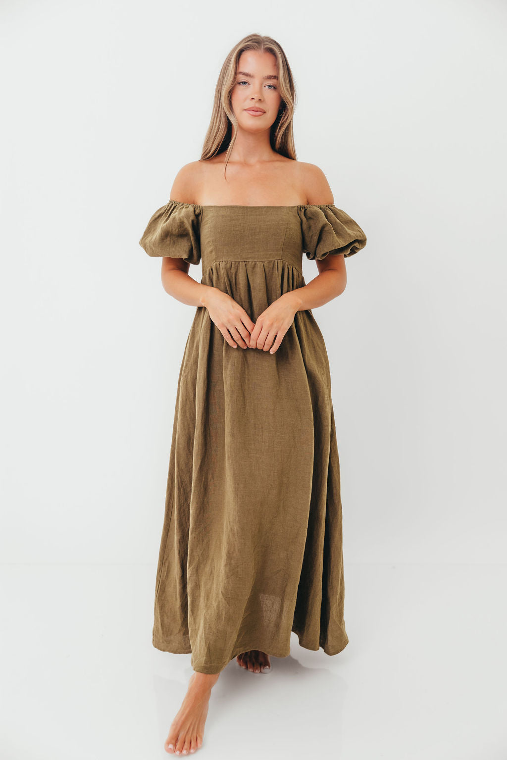 Candace Woven Linen Maxi Dress in Dark Olive - Bump Friendly